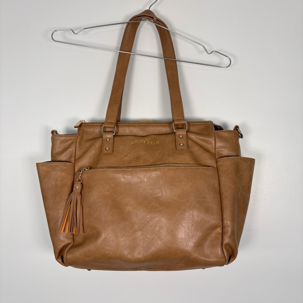 White Elm Women Tote Bag Large Tan Vegan Leather Tassel Diaper Work Convertible